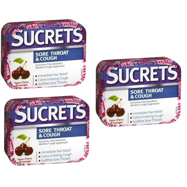 Sucrets Lozenges for Sore Throat & Cough Vapor Cherry 18 Count X 3 Packs