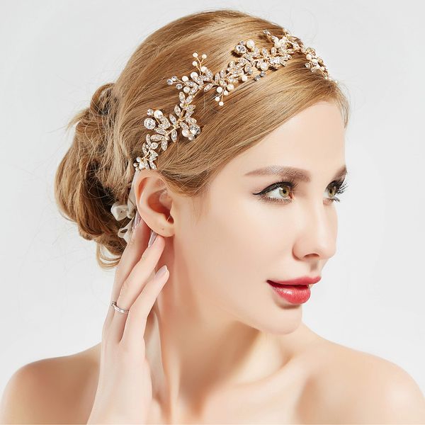 BABEYOND Bridal Headpiece Handmade Wedding Hair Vine Crystal Floral Leaf Headband with Satin Ribbon (Gold)