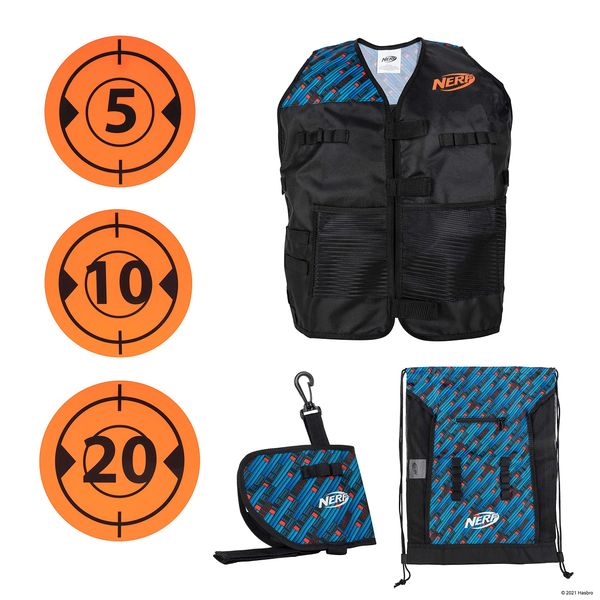 Nerf Jazwares NER0311 Elite Deluxe Gear Pack-Tactical Vest with Hip Holster, Cinch Backpack, and 5 Targets-Blast Into Battle AMAZONEXCLUSIVE, Multicolor