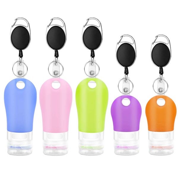 3 Pcs 60ml & 2 Pcs 38ml Travel Silicone Refillable Bottles Set with Extendable Carabiner Clip Leak-Proof Bottles Hand Sanitizer Containers Portable Travel Bottles for Liquid Hand Soap Toiletries