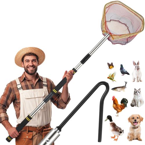 Frebuta Chicken Catcher Net,30 to 75in Chicken Catcher Leg Hook Heavy Duty Extra Long Handle Animal Catcher Pole with Frosted Tube Extension Pole Poultry Hook Fowl Catcher (Stainless Steel Tube)