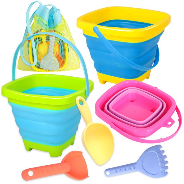 Xgunion Collapsible Beach Sand Bucket 3 Packs Foldable Sand Buckets Set with Shovels & Mesh Bag Collapsible Beach Toys for Kids Summer Sand Buckets for Kids Cruise Beach Essentials