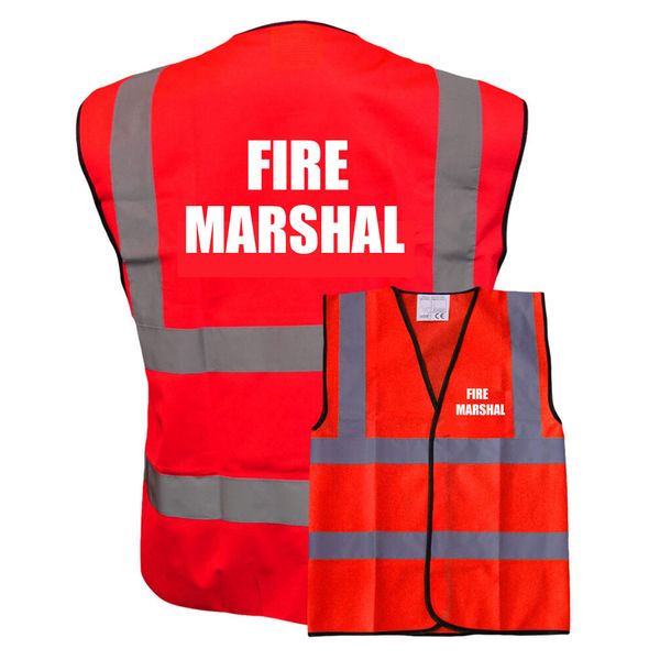 Fire Marshal White Print Red Hi Vis Viz Reflective Safety Vest Waistcoat, Reflective High Visibility, supplied by Simply Hi Vis Clothing UK