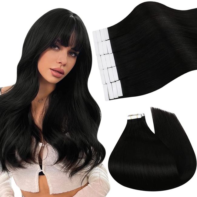 Ugeat Human Hair Extensions Tape Glue in Remy Hair Extensions #1B Off Black Hair Extensions Glue in Real Human Hair Extensions Tape in Human Hair Extensions, 14''-35cm 50G/20PCS