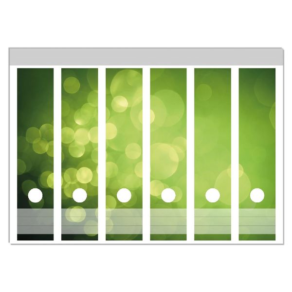 Wallario Ordnerrücken Sticker Abstrakte grüne Kreise grüne Lichtpunkte - Größe 6 Stück, Rückenschilder für 6 breite Ordner, Klebeetiketten