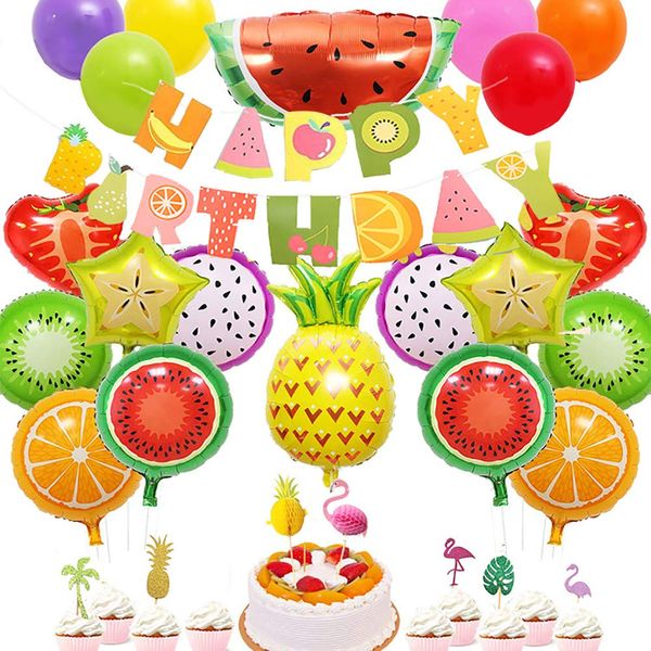 Tutti Frutti Party Decorations Fruit Happy Birthday Banner Carambola Watermelon Pineapple Strawberry Orange Fruit Balloons Cupcake Toppers for Birthday Luau Fruit Themed Party summer fruit theme