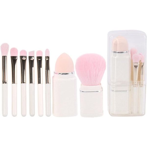 Makeup Brush Set of 8 Cute Mini Compact Portable Storage Capsule Makeup Brush Ivory White (Ivory White)