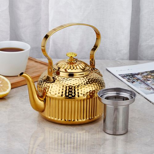SANQIAHOME HD Gold Teapot with Infuser 52oz(1.5 litres) 5-6 Cups, Stainless Steel Water Boilers Loose Leaf Tea Maker Water Kettle for Stovetop Induction/Gas