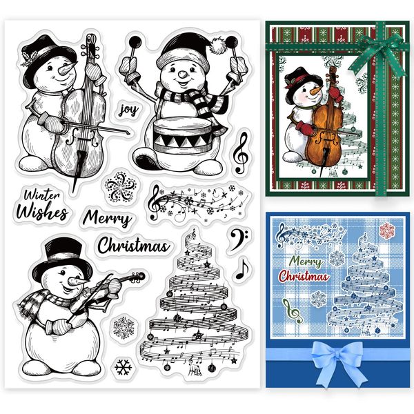 INFUNLY Christmas Snowman Clear Stamps Merry Christmas Words Silicone Stamp Winter Snowflake Music Transparent Rubber Stamps Seal for Card Making Photo Album Decorations