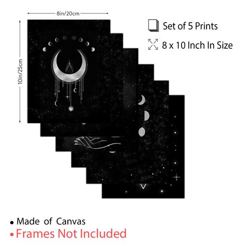 ORIGACH 5 Pcs Moon Phases Wall Art, 20x25 cm Minimalist Boho Wall Decor, Moon Phase Star Witch Wall Prints, Gothic Witchy Room Decor Unframed Canvas Prints Artwork for Bathroom Bedroom Gallery