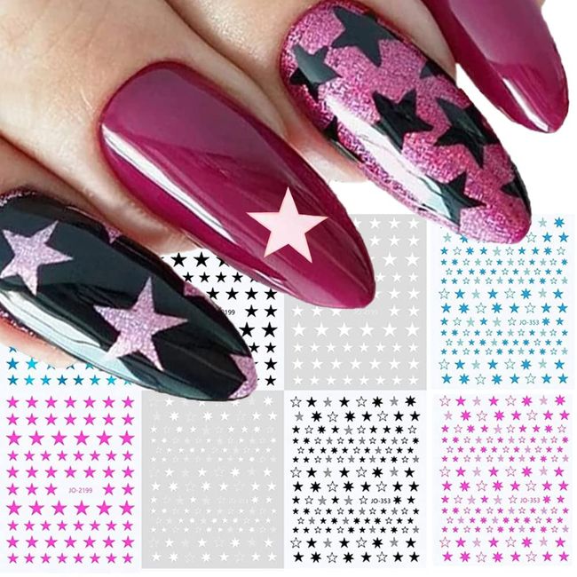 Star Nail Art Stickers Decals 8 Sheet Nail Design Supplies 3D Self-Adhesive Nail Slider Stars Stickers Manicure Accessories for Women Girls DIY Acrylic Nail Art Tips Décor