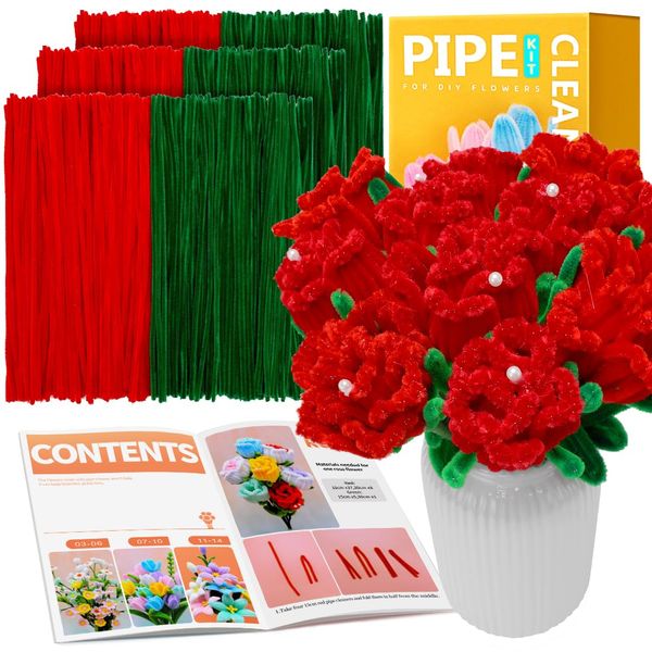 IOOLEEM Pipe Cleaners, 480pcs Red Roses, Flower Making Kit, Arts and Craft Supplies, Pipe Cleaners Kit, Pipe Cleaners for Flowers, Craft Supplies Kit, Deas for Art Project Activity.