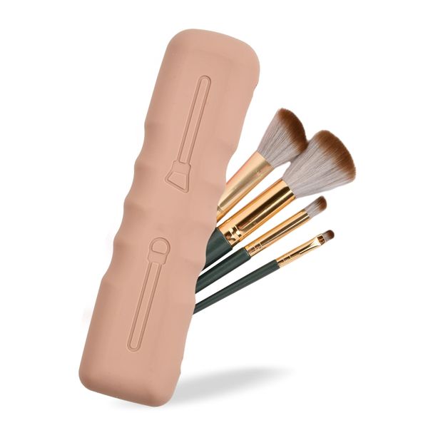 Volumoon Custodia Porta Pennelli da Trucco, Porta Pennelli per Trucco in Silicone, Porta Pennelli Make Up da Viaggio, Morbida Silicone Makeup Brush Holder con Chiusura Magnetica, Marrone Chiaro