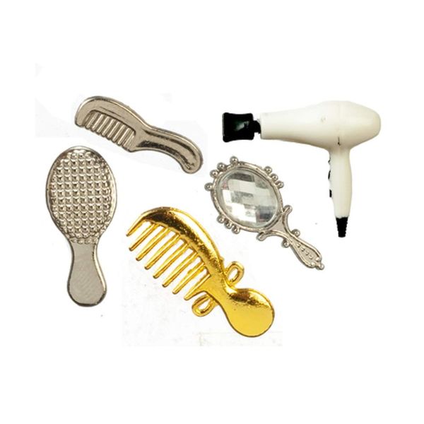 Town Square Miniatures Dolls House Hair Dryer Brush Combs & Mirror Bedroom Vanity Accessory Set