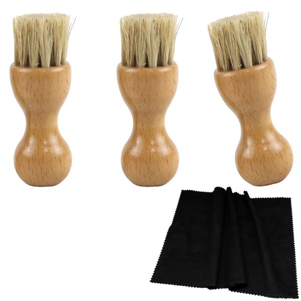 Samcos Shoe Polish Brush, High Quality Bristle Brush, Shoe Cream Applicator Brush, Pig Bristle Brush, Leather Shoe Care Set, Cleaning Cloth Included (3 Pack)