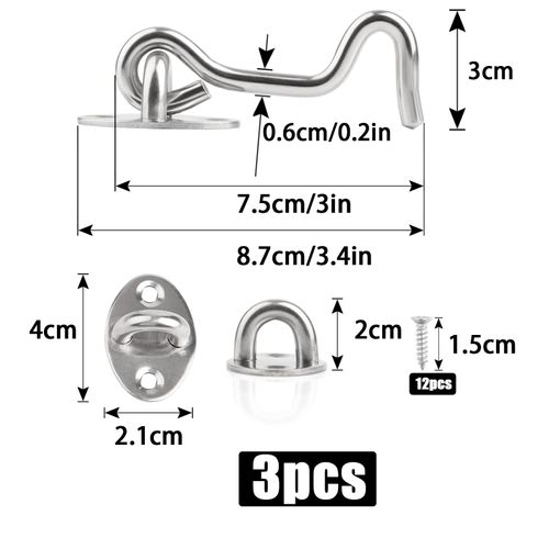 Gate Hook and Eye Latch - 3 Pack 75mm/3inch Door Latch Hook - Stainless Steel Cabin Hooks Solid Barn Door Hook and Eye Latch Swivel Window Hook for Garage Sliding Door Bedroom and Bathroom(Silver)