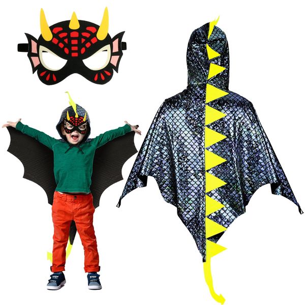 Landifor 2pcs Dinosaur Costume for Kids Black Dino Fancy Dress Outfit Dragon-Wings Cape with Dino Mask for 3-8 Years Toddler Jurassic Themed Party Costume Cosplay Pretend Play