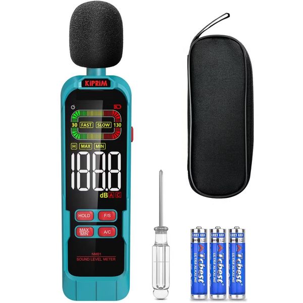 Kiprim NM01 Decibel Meter DB Meter Sound Level Reader with A/C Weighting, Data Hold, and Backlit LCD Screen - Includes Carry Pouch and Batteries