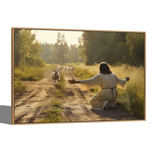 Religious Christian Wall Art Lamb Running to Embrace Jesus Framed Spiritual Decor Fade-Resistant Print Painting for Church Home & Bedroom Durable Christian Gift Painting with Wood Frame 12"x16"