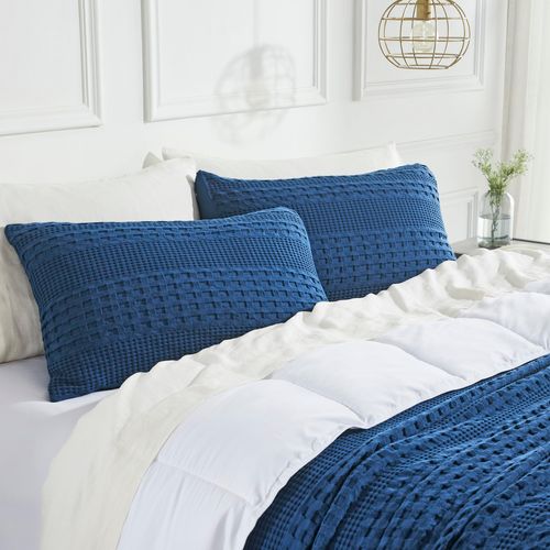VHC Brands 100% Cotton Waffle Weave Navy Blue Queen Size Sham Set of 2 20x30, Decorative Throw Pillow Covers/Shams, Boho Farmhouse Bedroom Decor