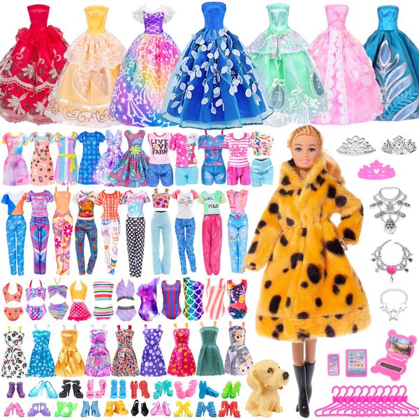 50pcs 11.5 inch Fashion Girl Doll with Clothes and Accessories Set include Doll, Fur Coat, Pricess Dresses, Fashion Dresses,Slip Dress, Outfits, Bikini for Girls (Include Doll)