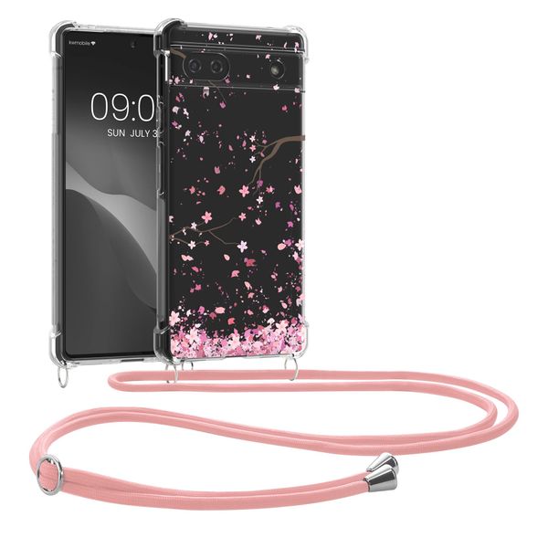 kwmobile Crossbody Case Compatible with Google Pixel 6a Case Strap - Cherry Blossoms Pink/Dark Brown/Transparent