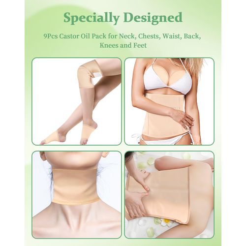 Castor Oil Pack Wrap, 9 Pcs Reusable Organic Castor Oil Pack Kit for Neck Chest Waist Back Knee and Feet, Adjustable Elastic Straps Castor Oil Compress Pads, Machine Washable Anti Oil Leak
