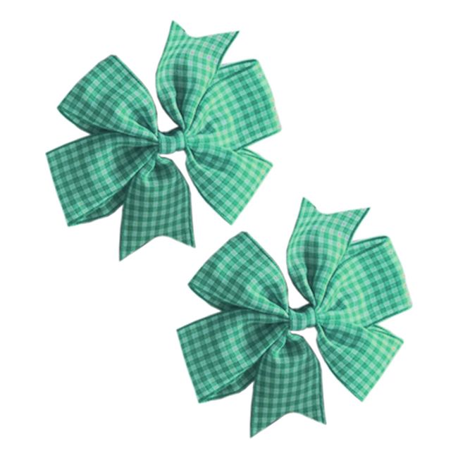 2 x 'Flat Fan' Bow Hair Clips | School Hair Clips | School Colours (Green & White)