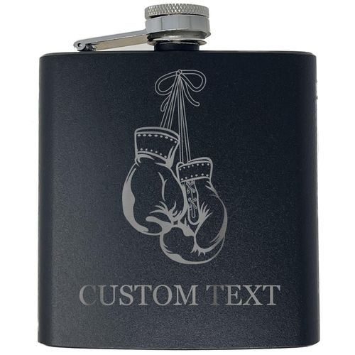 6-Ounce Stainless Steel Boxer Boxing Gloves, Personalized Metal Portable Drinking Pocket Hip Flask, Black, Laser Etched Engraved Custom Crafted