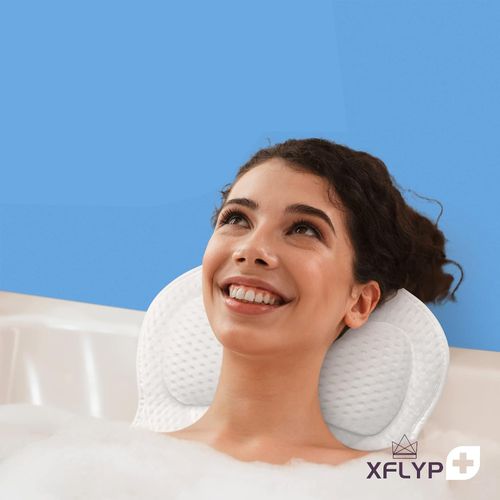 XFLYP Bath Pillow, 4D Ergonomic Bathtub Spa Pillow with Air Mesh Technology with 6 Powerful Suction Cups for Head, Shoulder, Neck and Back Support Fits All Bathtub, Hot Tub and Home Spa