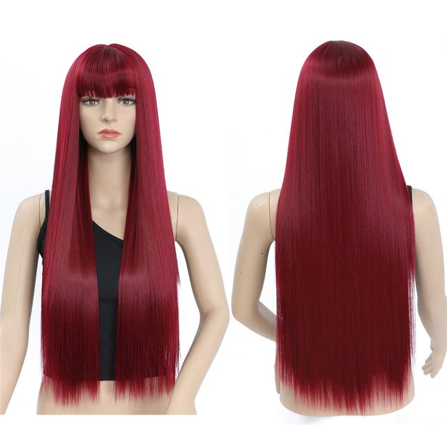 Perücke Rote Lang Gerade Perücke mit Pony für Damen, 30 Zoll Synthetische Kunstfaser Glatte Perücken für Frauen, Long Red Fringe Bangs Wig for Women