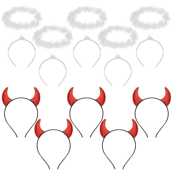 Lyrow 10 Pcs Angel Headband Devil Horns Headband Angel Devil Cosplay for Halloween Christmas Party(White, Red, Angel, Devil)