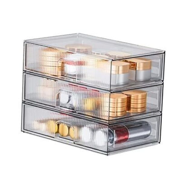 Clear Stackable Storage Drawers, 3 Pack Acrylic Plastic Organizers Bins 3 Pcs