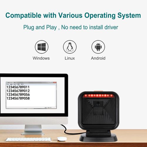 OBZ 1D 2D Desktop Barcode Scanner, QR Code Scanner, USB Wired, Hands-Free Barcode Scanner, Cash Register Scanner with Large Scan Window for Shops, Warehouses, Libraries