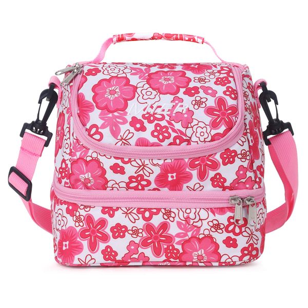 MIER 2 Compartment Kids Small Lunch Box Bag for Boys Girls Toddlers, Adult Leakproof Cooler Insulated Lunch Tote with Shoulder Strap (Pink Flower)