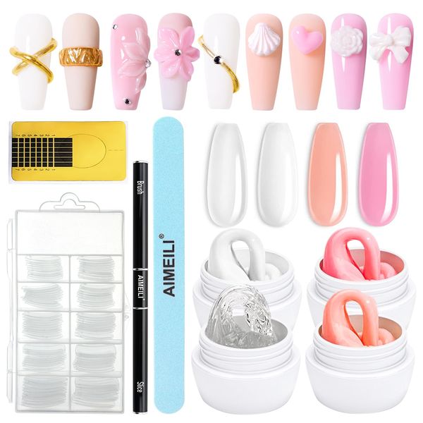 AIMEILI Solid Nail Extension Builder Gel Set with Nail Tool Kit, Non Sticky Hard Gel Clear Pink Rude White UV LED for Nails, Rhinestones Glue Gel for Nail Art Salon Home Use (4 Colors, 15g)