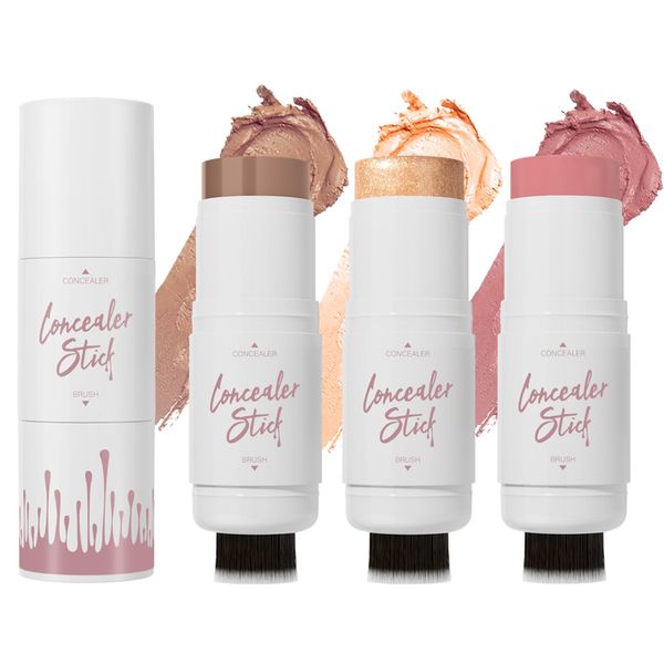 Contour, Highlighter, Blush, Bronzer Stick Kit - 3 Pcs with Brush for Flawless Look, Waterproof Long Lasting Smooth Beauty Wand for All Skin Types