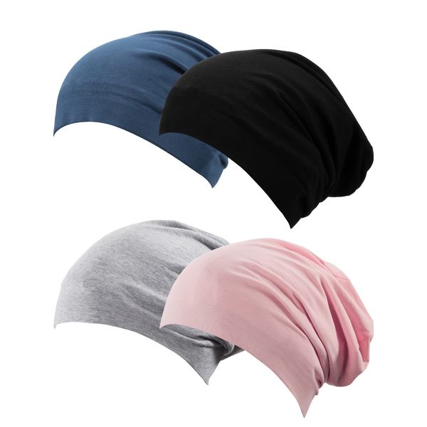 SATINIOR 4 Pieces Satin Lined Sleep Cap Hat Slouchy Beanie Slap Hat for Women (Black, Grey, Dark Blue, Pink), Medium