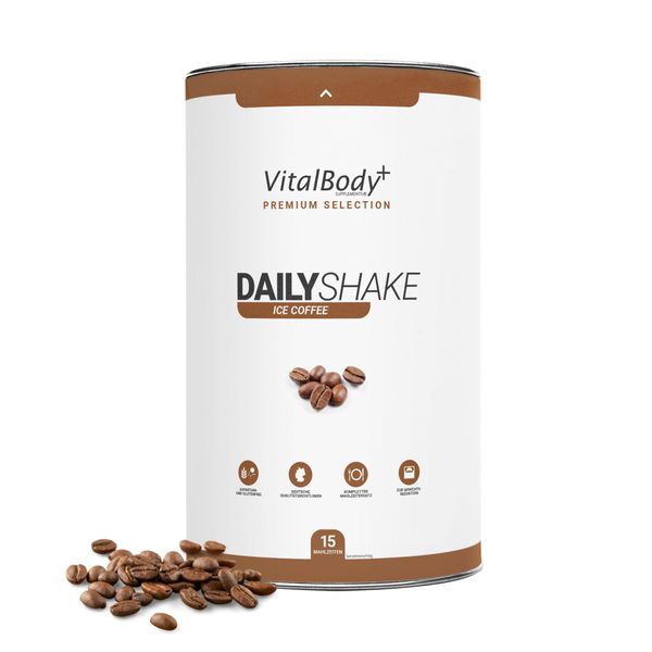 VitalBodyPLUS DailyShake, Ice Coffee, 450 g, Mahlzeitenersatz-Shake zum Abnehmen, 15 Mahlzeiten, nur 250 kcal pro Shake, vollwertig & kalorienarm ersetzen