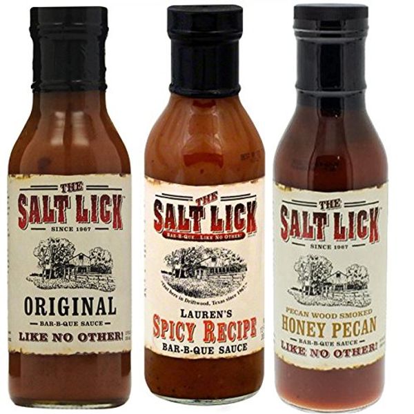 Salt Lick BBQ Sauce Assortment, one each of Original BBQ Sauce, Lauren's Spicy BBQ Sauce & Honey Pecan BBQ Sauce