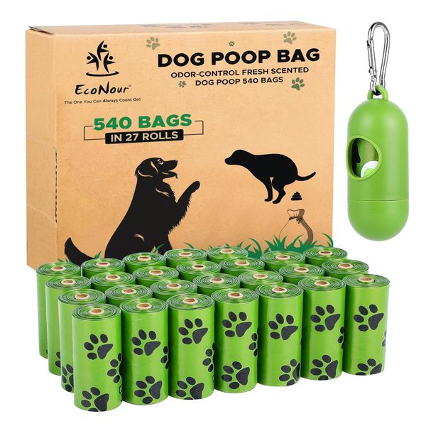 EcoNour Dog Poo Bags 540 Counts Biodegradable Poop Waste Bag with Odor-Masking Scent and Dispenser - 100% Leak Proof Convenient Dispensing, Durable & Generously Sized Dog Poop Bags for Pet Owners