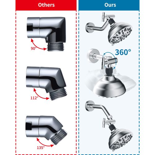 Hibbent All Metal Shower Head Elbow Adapter, 360 ° Adjustable Swivel Brass Showerhead Adapter, Stainless Steel Shower Arm Extension for Fixed and Rain Showerhead, Wall Mounted Shower Connector, Chrome