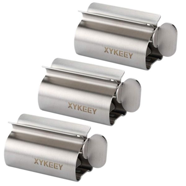 Toothpaste Tube Squeezer - Set of 3 Toothpaste Squeezer Rollers, Metal Toothpaste Tube Wringer Seat Holder Stand XYKEEY (Sliver)