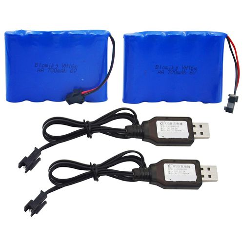 Blomiky 2 Pack 6.0V 700mAh Ni-CD AA Rechargeable Battery Pack SM2P Plug and 2 USB Charger Cable Fit for Old Version 11.5Inch Amphibious Stunt RC Cars Vehicles / 6V 700mAH and USB 2