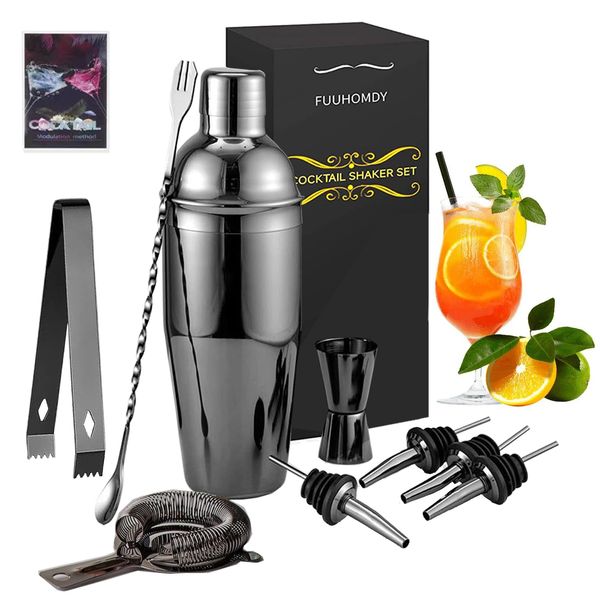 Cocktail Shaker Set 9pcs,Black Cocktail Making Kit 750ml with 304 Stainless Steel Stirrers, Strainer, Bar Spoon,Ice Tongs,Double Jigger,Bottle Pourer Accessories Bartender Gift Set for Home Bar