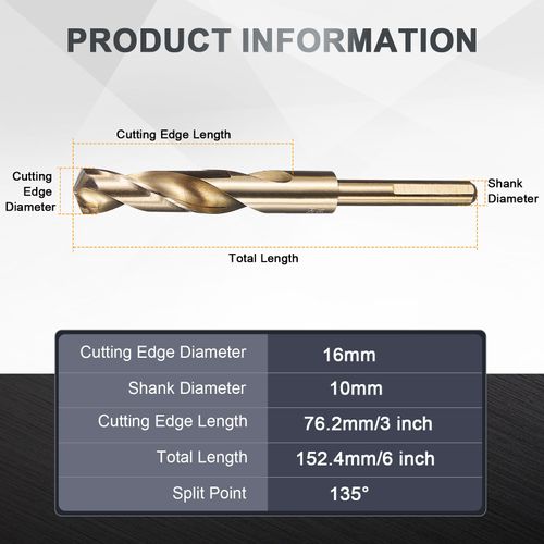 uxcell 16mm Drill Bit 10mm Reduced Shank 3-Flat M2 High-Speed Steel Twist Gold Finish 135° Drill for Hard Metal Stainless Steel