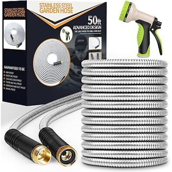 Metal Garden Hose 50ft Stainless Steel Heavy Duty Water Hose Kink Free Pet Proof