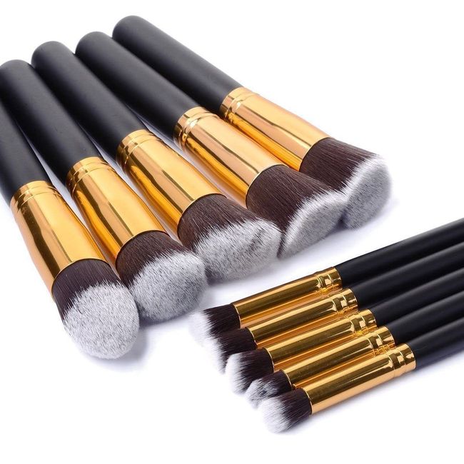 10pc Piece Kabuki Makeup Brush, Cosmetic Set Kit Eyeshadow Foundation Powder MKPBRUSH10 (Black/Gold)