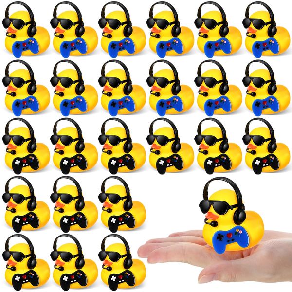 Leitee 24 Sets Video Game Party Favors Rubber Ducks with Mini Headset Glasses and Controllers Cute Bath Rubber Ducks Small Bathtub Accessories Toys for Birthday Swimming Party Favors Decoration