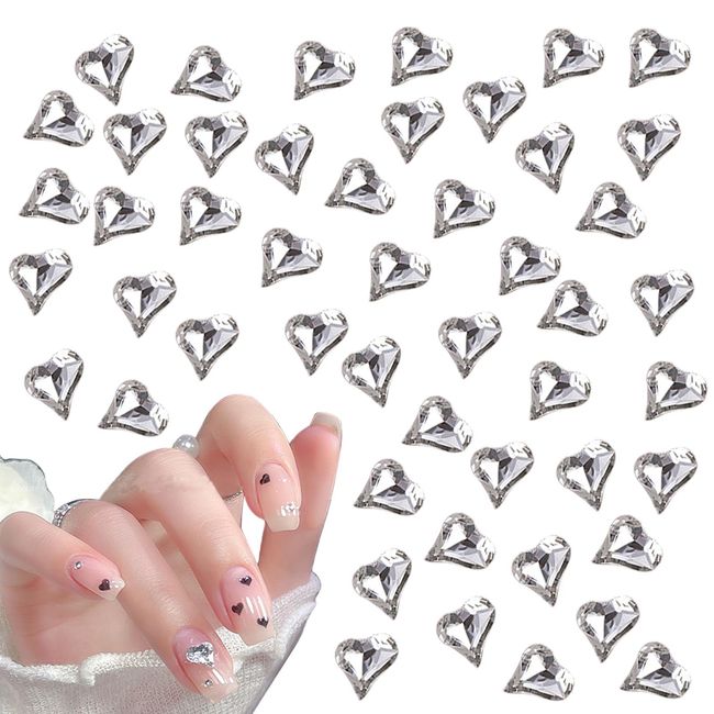 Heart Nail Stone, Set of Approximately 30, Heart Nail Parts, 3D, Large, Plump Heart Stone, Glitter, Glass Stone, Crystal, Nail Art, Deco Parts, Jewelry Parts (Clear)